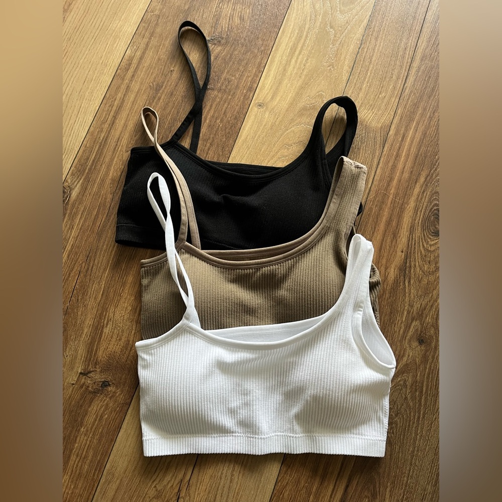 Set of 3 Ribbed Crop Tops: Black, Beige & White XS
